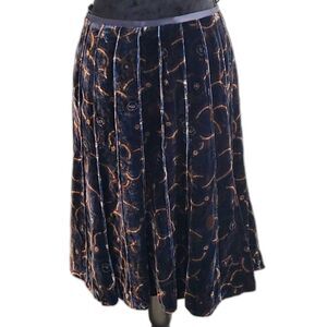 Anne Klein Dark Blue Velvet Pleated Skirt Brown Swirl Pattern Skirt Size 6P